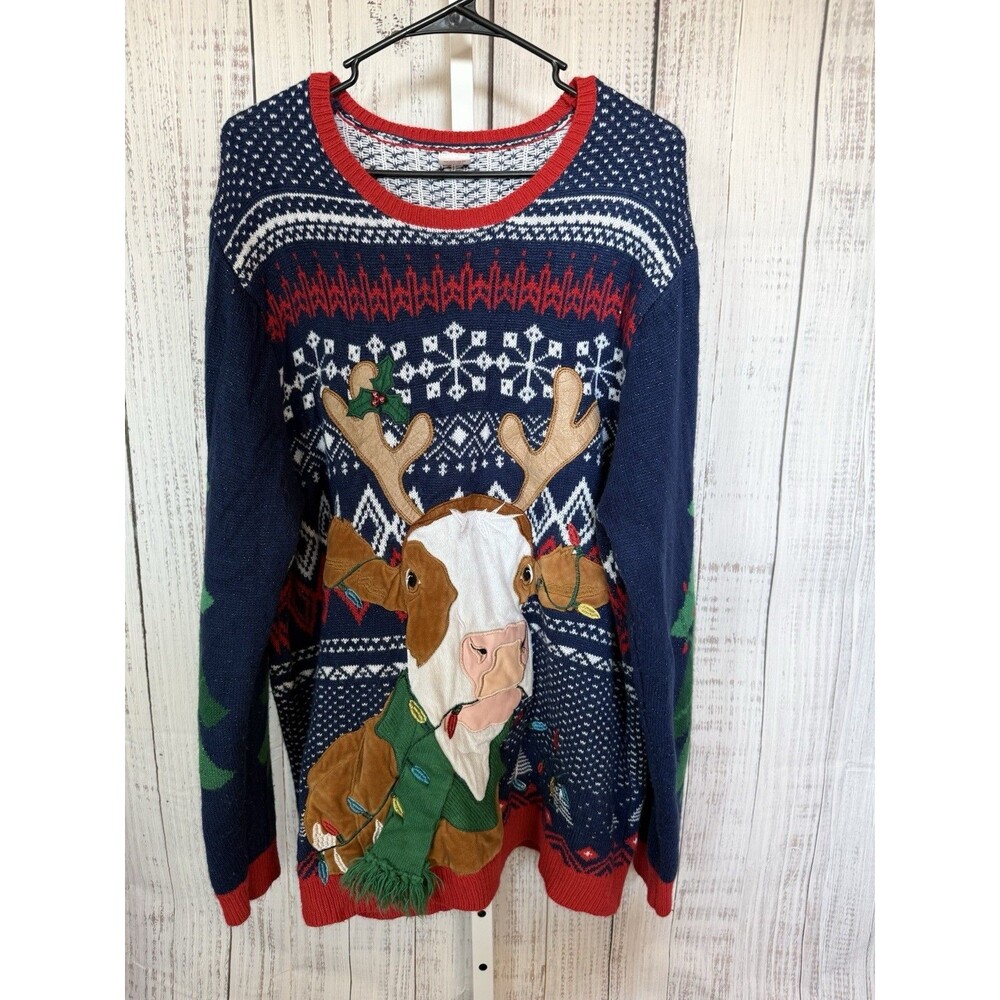 Holiday Time Ugly Christmas Sweater 2XL (48-51) Blue Cow Christmas